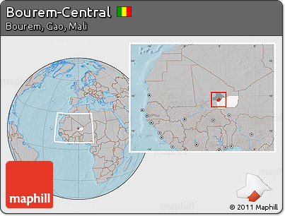 Gray Location Map of Bourem-Central, highlighted parent region, highlighted grandparent region, within the entire country, hill shading