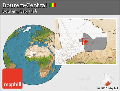 Satellite Location Map of Bourem-Central, highlighted country, highlighted grandparent region
