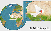 Satellite Location Map of Bourem-Central, highlighted country, highlighted parent region, within the entire country