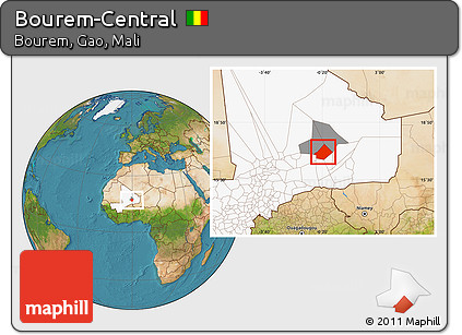 Satellite Location Map of Bourem-Central, highlighted country, highlighted parent region