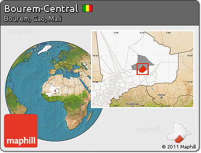 Satellite Location Map of Bourem-Central, highlighted country, highlighted parent region