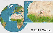 Satellite Location Map of Bourem-Central, highlighted parent region, within the entire country