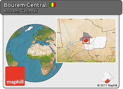 Satellite Location Map of Bourem-Central, highlighted parent region, highlighted grandparent region