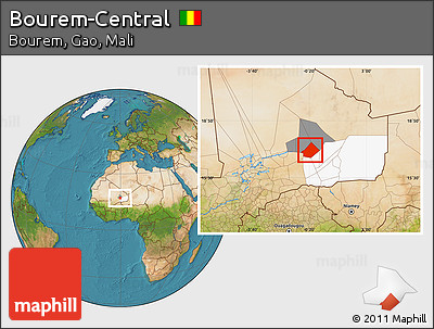 Satellite Location Map of Bourem-Central, highlighted parent region, highlighted grandparent region