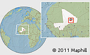 Savanna Style Location Map of Bourem-Central, highlighted country, highlighted parent region, within the entire country, hill shading