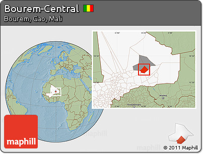 Savanna Style Location Map of Bourem-Central, highlighted country, highlighted parent region, hill shading