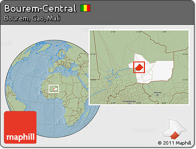 Savanna Style Location Map of Bourem-Central, highlighted grandparent region, hill shading