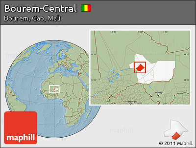 Savanna Style Location Map of Bourem-Central, highlighted grandparent region, hill shading