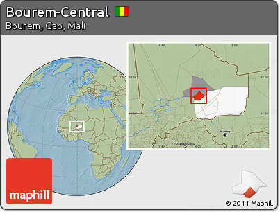 Savanna Style Location Map of Bourem-Central, highlighted parent region, highlighted grandparent region, hill shading