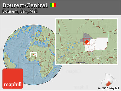 Savanna Style Location Map of Bourem-Central, highlighted parent region, highlighted grandparent region, hill shading