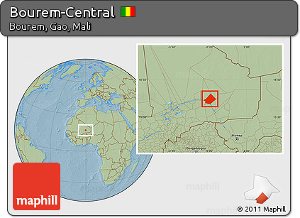 Savanna Style Location Map of Bourem-Central, hill shading
