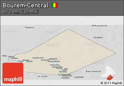 Shaded Relief Panoramic Map of Bourem-Central, desaturated
