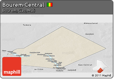 Shaded Relief Panoramic Map of Bourem-Central, desaturated