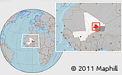 Gray Location Map of Bourem, highlighted country, highlighted parent region, within the entire country, hill shading