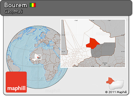 Gray Location Map of Bourem, highlighted country, highlighted parent region, hill shading