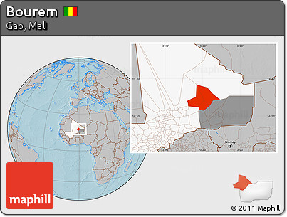 Gray Location Map of Bourem, highlighted country, highlighted parent region, hill shading