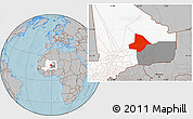 Gray Location Map of Bourem, highlighted country, highlighted parent region, hill shading