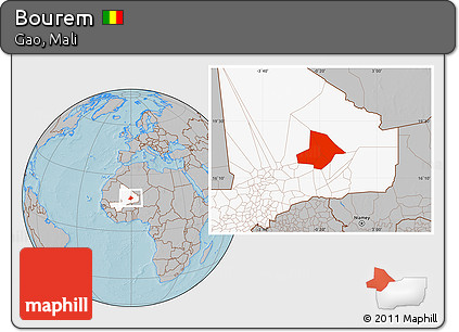 Gray Location Map of Bourem, highlighted country, hill shading