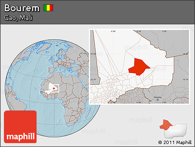 Gray Location Map of Bourem, highlighted country, hill shading