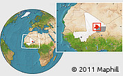 Satellite Location Map of Bourem, highlighted country, highlighted parent region, within the entire country