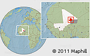 Savanna Style Location Map of Bourem, highlighted country, highlighted parent region, within the entire country, hill shading