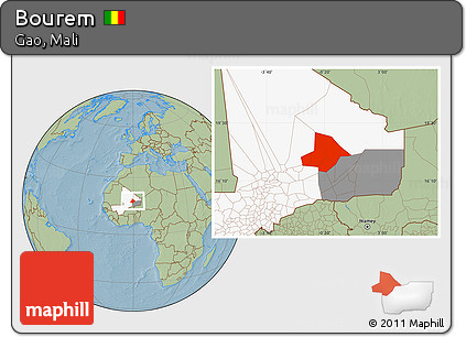 Savanna Style Location Map of Bourem, highlighted country, highlighted parent region, hill shading