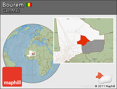 Savanna Style Location Map of Bourem, highlighted country, highlighted parent region, hill shading
