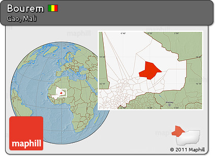 Savanna Style Location Map of Bourem, highlighted country, hill shading