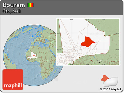 Savanna Style Location Map of Bourem, highlighted country, hill shading