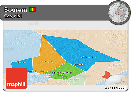 Political Panoramic Map of Bourem, lighten