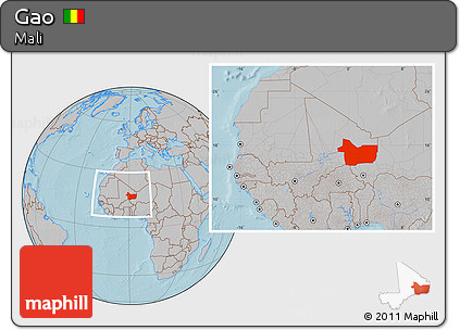 Gray Location Map of Gao, within the entire country, hill shading