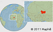 Savanna Style Location Map of Gao, within the entire country, hill shading