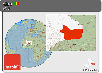 Savanna Style Location Map of Gao, highlighted country, hill shading
