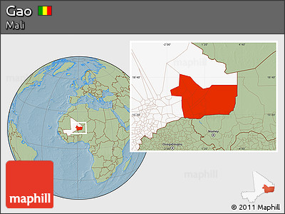 Savanna Style Location Map of Gao, highlighted country, hill shading