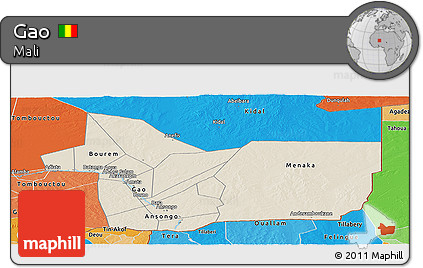 Shaded Relief Panoramic Map of Gao, political shades outside