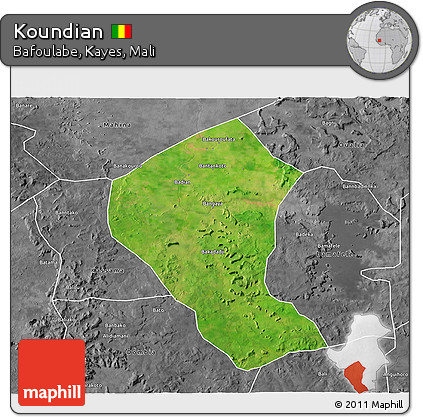 Satellite 3D Map of Koundian, desaturated