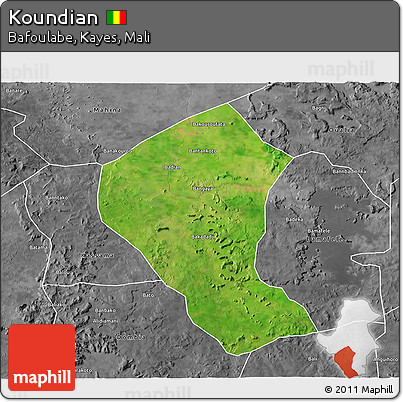 Satellite 3D Map of Koundian, desaturated