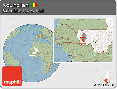 Savanna Style Location Map of Koundian, highlighted country, highlighted parent region, hill shading