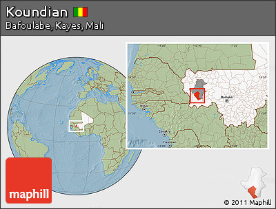 Savanna Style Location Map of Koundian, highlighted country, highlighted parent region, hill shading