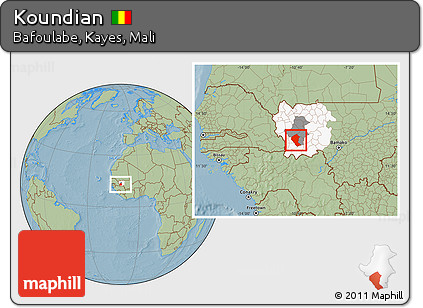 Savanna Style Location Map of Koundian, highlighted parent region, highlighted grandparent region, hill shading