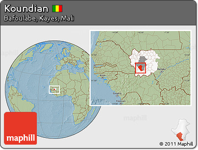 Savanna Style Location Map of Koundian, highlighted parent region, highlighted grandparent region, hill shading