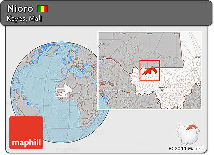 Gray Location Map of Nioro, highlighted country, hill shading