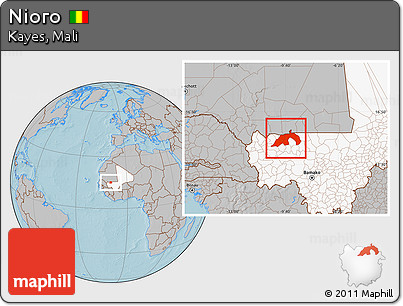 Gray Location Map of Nioro, highlighted country, hill shading