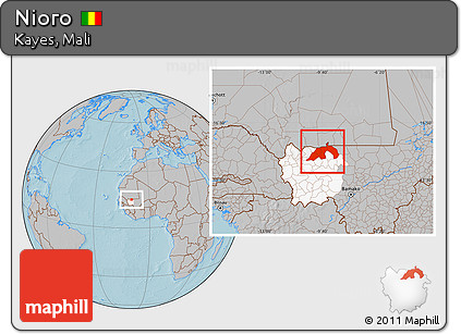 Gray Location Map of Nioro, highlighted parent region, hill shading