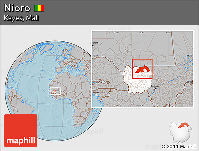 Gray Location Map of Nioro, highlighted parent region, hill shading