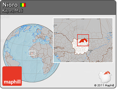 Gray Location Map of Nioro, highlighted parent region, hill shading