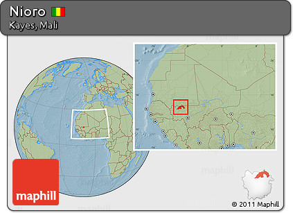 Savanna Style Location Map of Nioro, within the entire country, hill shading