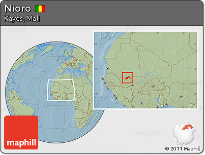 Savanna Style Location Map of Nioro, within the entire country, hill shading