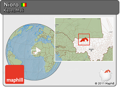 Savanna Style Location Map of Nioro, highlighted country, hill shading