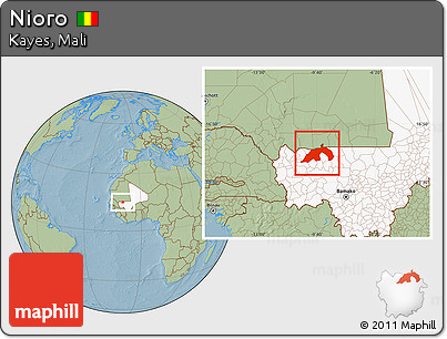 Savanna Style Location Map of Nioro, highlighted country, hill shading